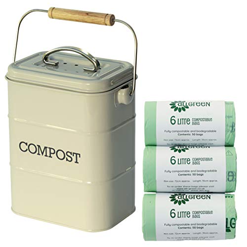 Kitchencraft Nostalgia - French Grey - Kitchen Compost Caddy/Food Bin & 150 x 6L Compostable Bags