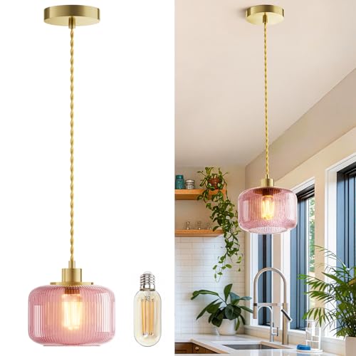 Karjoefar Pink Glass Hanging Pendant Light, Kitchen Island Light Fixture - image 1