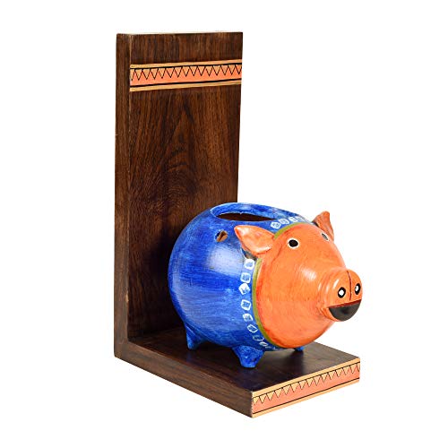 Image of AAKRITI ART CREATIONS Piggy Wall Decor Shelf with Earthen Planter | Handmade Wooden Wall Hanging Shelf with Terracotta Planter | Matte Finish Decorative Wall Art for Living Room, Balcony & Gifting