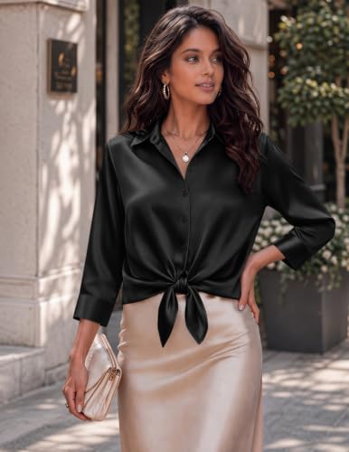Image of Zeagoo Womens Satin Blouses Button Down Shirts 3 /4 Sleeve Dressy Tops S-2XL