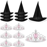 Tarpop 12 Pcs Witch Hat and Princess Crown Set, Royal Queen Crown and Black Wizard Hats for Pink Green Party Decor Favor Gift(Cute)
