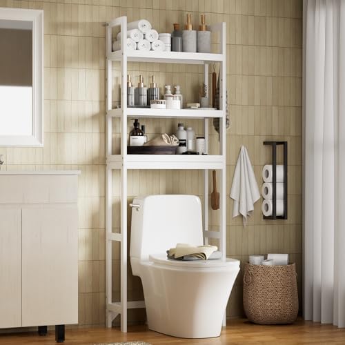 3-Tier wood over the Toilet Storage Cabinet , Simple Bathroom Storage rack | Space-saving freestanding wood shelf fits above standard toilets; open 3-tier storage holds towels & toiletries. White