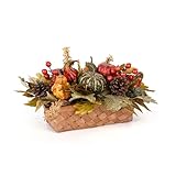 Fall Decor - Faux Pumpkins, Pine Cones, Berries and Maple Leaves in Rectangular Woven Basket for Table Centerpiece, Shelf, Mantel - Autumn Thanksgiving Arrangement for Home Indoor Outdoor - 14" Long