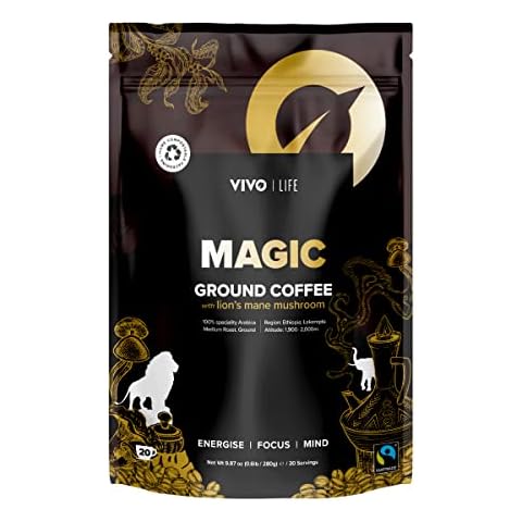 Vivo Life Magic 100% Arabica Organic Coffee Blended with Lions Mane Mushrooms, 20 Servings, Fair Trade Ethiopian Coffee, 280g Cover
