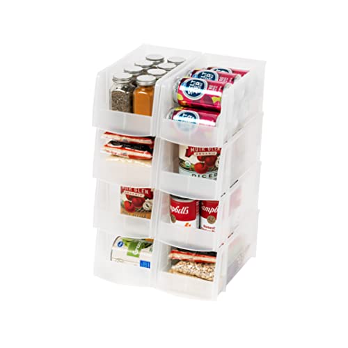 IRIS USA Clear Plastic Stackable Storage Bins, Medium - 8 Pack, Open Front Fridge Pantry Kitchen Closet Cabinet Bathroom Organizer Basket for Organizing Snack, Cans, Office Supplies, and Coffee Pods