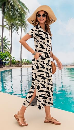 Image of MISFAY Womens Maxi Dress Short Sleeve V Neck Loose with Pockets | Soft stretchy breathable, v neck loose fit, side split hem, two side pockets, casual daily beach vacation travel dress