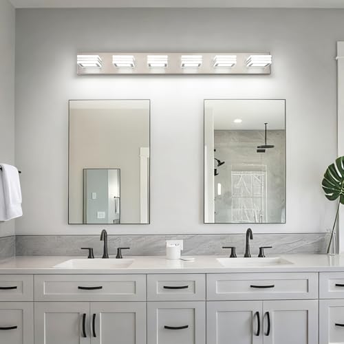 Image of SOLFART Modern LED Vanity Lights Fixtures: 6 Lights Acrylic LED Brushed Nickel Vanity Lights for Bathroom 39inch