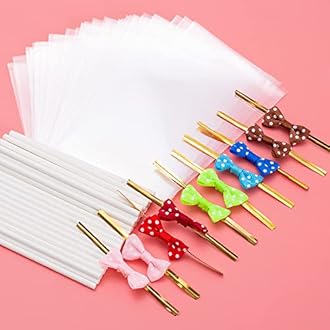 SOTMALTK 320Pcs Cake Pop Sticks and Wrappers Kit, 6inch Lollipop Sticks with Cake Pop Bags and Metallic Twist Ties Bow, Perfect for Making Lollipops,Candies,Chocolates and Cookies - Great for Parties