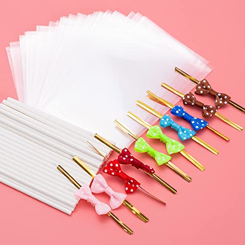 SOTMALTK 320Pcs Cake Pop Sticks and Wrappers Kit, Lollipop Sticks with Cake Pop Bags and Metallic Twist Ties Bow, Perfect for Making Lollipops,Candies,Chocolates and Cookies - Great for Parties