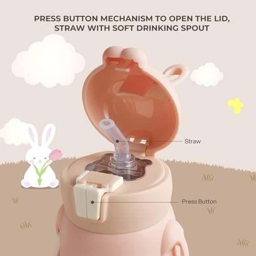 Image of Cello Bunny Kids Stainless Steel Flask 500ml, Peach | Double Walled Vacuum Insulated Technology | One Click Push Button to Open | Ideal for School, Sports, Picnics