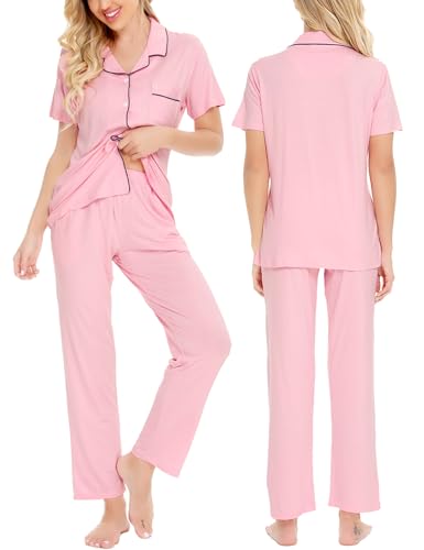 Image of SWOMOG Women Pajama Sets Two-Piece Nightwear Short Sleeve Sleepwear Button Down Pj Lounge Sets with Long Pants