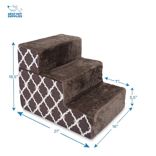 Image of Best Pet Supplies Dog Stairs & Steps - Foam Steps for Small Dogs & Cats, Non-Slip Indoor Balanced Pet Step Support, Dog Ramp, No Assembly, Brown Lattice Print, Foldable 3-Step (16.5-inch Height)