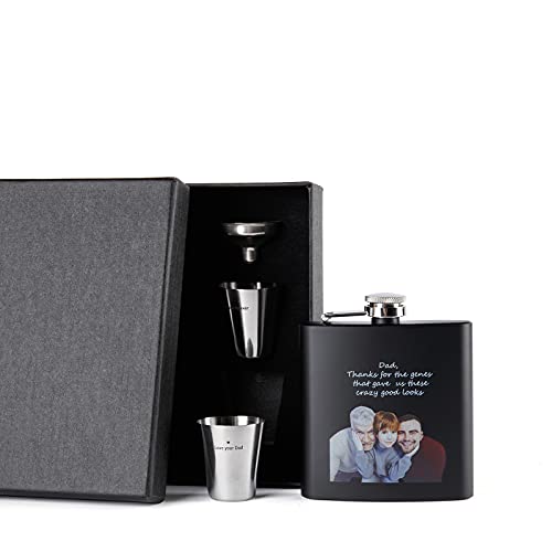 Flask for Liquor and Funnel - 8 Oz Leak Proof 18/8 Stainless Steel Pocket Hip Flask for Discrete Shot Drinking of Alcohol, Whiskey, Rum and Vodka | Gift for Men (custom photo)