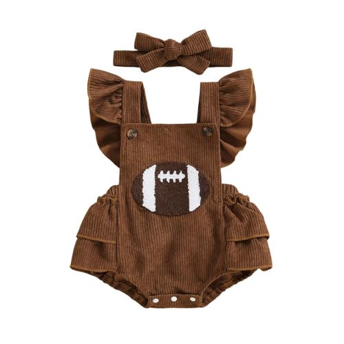 Football Baby Girl Outfit Embroidery Football Romper Ruffle Sleeve Corduroy Bodysuit Overalls Game Day Clothes