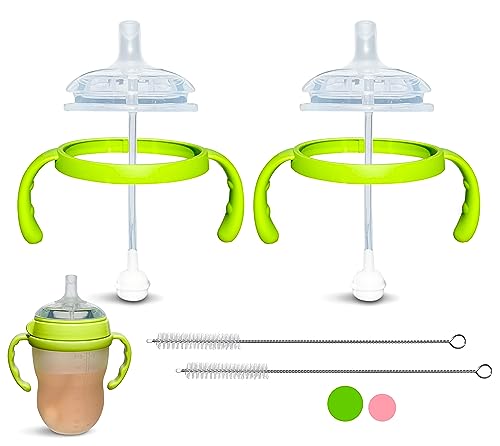 Image of Straw Cup Conversion Kit for Comotomo Baby Bottles | 2-Count | with Soft Silicone Straw Top Nipples, Weighted Any Angle Straw Ball, Bottle Handles and Straw Cleaning Brush (Straw Top, Green)