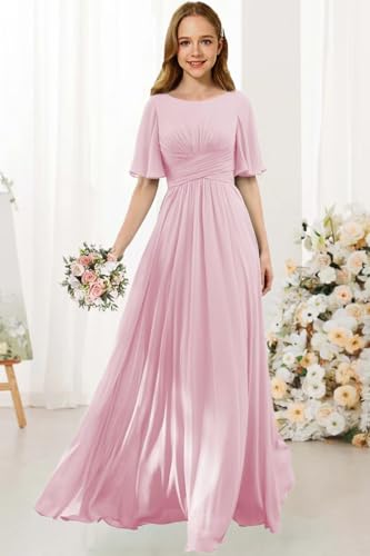 Flutter Sleeves Junior Bridesmaid Dress Scoop Neck Chiffon Flower Girl Dresses with Ruffles A Line Wedding Party Gown3