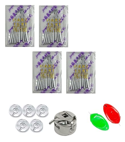 Image of ZENITH Sewing Machine Needles HA Size (16 /100) 40 pc Needles Each, 5pc Plastic Bobbins,1 Bobbin case & 2pc Needle Threader Combo Suitable for Home Sewing Machines Like Usha Janome, Singer, Brother