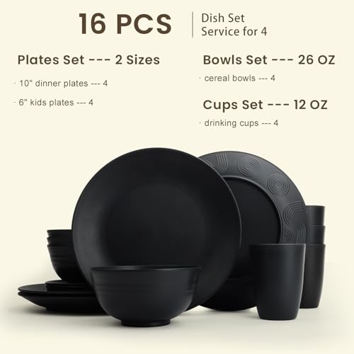 Image of Homienly 16-Piece Wheat Straw Dinnerware Sets, Reusable Unbreakable Plates and Bowls Sets,Cups,Service for 4, Premium Dishwasher and Microwave Safe Dish Sets for Kitchen,Outdoor - Black