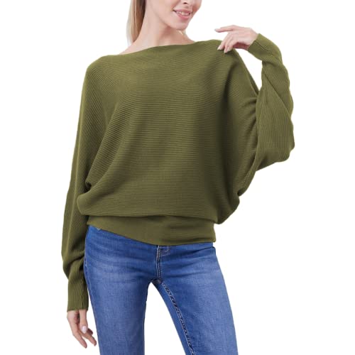 Image of FULIER Women Oversized Boat Neck Batwing Sleeves Dolman Knitted Sweaters Lightweight Pullovers Tops One Size