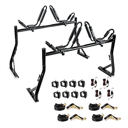 AA-Racks Model X35 Truck Rack with 8 Non-Drilling C-Clamps and 2 Sets Kayak J-Racks with Ratchet Lashing Straps & Ratchet Bow and Stern Tie Down Straps