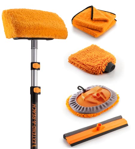 Car & RV Wash Brush Kit 48-144×´ Long Extendable Handle Car, RV, Truck Washing Kit with Extension Pole - Microfiber Car Mop, Soft Washing Brush, Window Squeegee, Mitt, The Ultimate RV-Wash Cleaning Kit