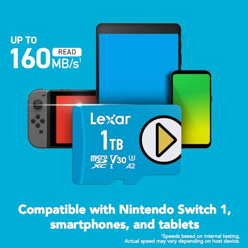 Image of Lexar 1TB Play Blue Micro SD Card, UHS-I, C10, U3, V30, A2, 4K, Up to 160MB /s microSDXC Memory Card, Expanded Storage for Nintendo-Switch 1, Gaming Devices, Smartphones, Tablets (LMSPLBL001T-BNNNU)