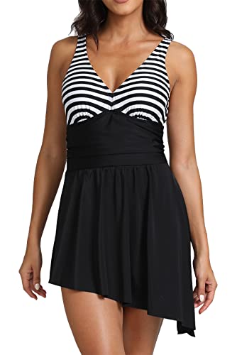 VILOREE Damen V-Ausschnitt Badekleid mit Slip Einteiliger Badeanzug mit unregelmäßigem Röckchen Bauchweg Weisse Streifen/Schwarz XL