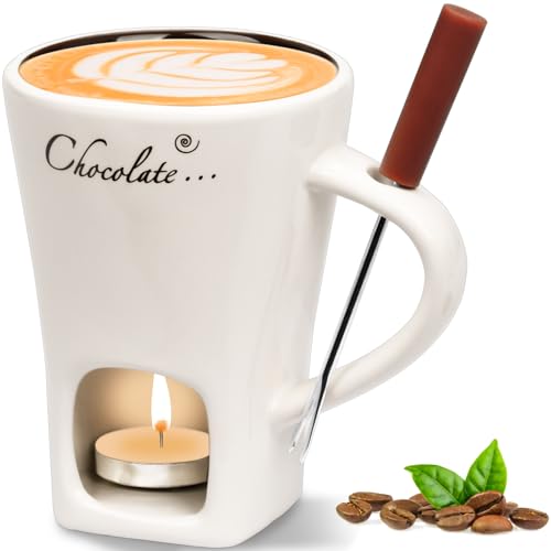 FEIGO Schokoladenfondue Tasse, 130ml Schokoladen Fondue Becher Set, Keramik Schokoladen-Hot-Pot-Schmelzbecher, mit Gabel, Mehrzweck Chocolate Fondue Set für Schokolade Käse Butter Karamell