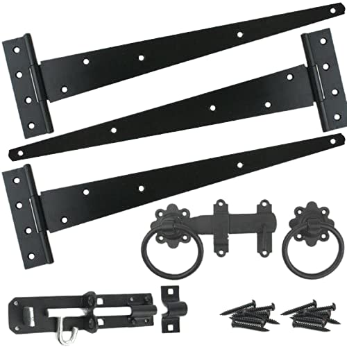 Gate Hinge Kit Fitting Set 16" Hinges Brenton Bolt Ring Latch Wooden Gate Black