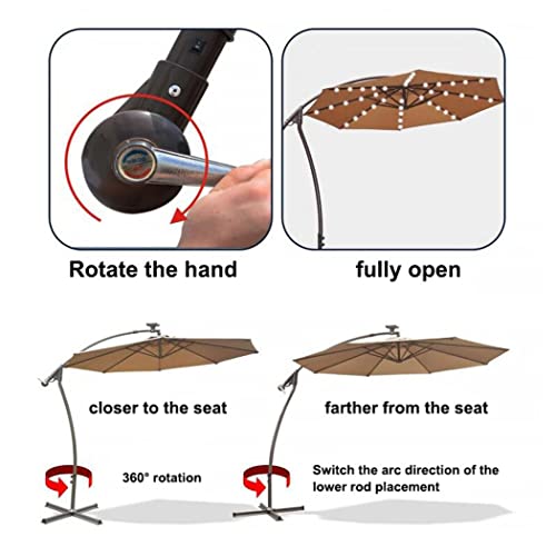 Zjdu Solar Patio Umbrellas,Solar Led Offset Patio Umbrella,Led Lighted Outdoor Table Market Umbrella, With Push Button Tilt/Crank,8 Ribs, For Garden, Lawn, Deck, Backyard & Pool,Rice White,3M #TOP2