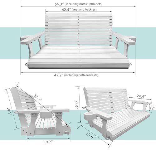 Image of Wooden Porch Swing 2-Seater, Bench Swing with Cupholders, Hanging Chains and 7mm Springs, Heavy Duty 800 LBS, for Outdoor Patio Garden, Pure White, 4 FT Extra Large