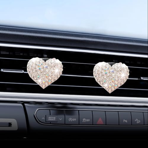 Image of Car Bling Air Vent Clips, 2 Pcs Bling Heart Charm Air Conditioning Outlet Clip, Crystal Rhinestone Accessories, Car Interior Decoration Cute Accessories for Women Girls (White, Vanilla)