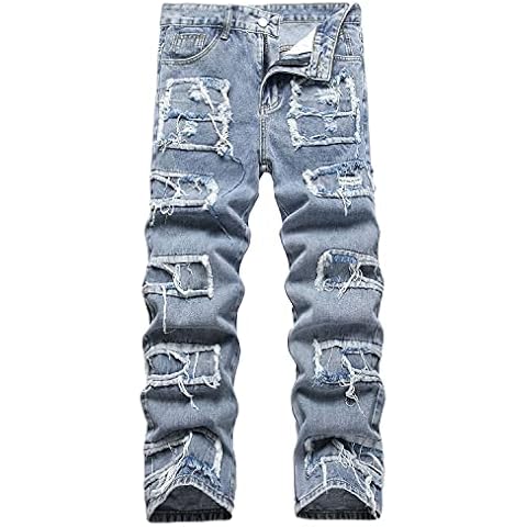 Baylvn Men's Casual Ripped Straight Loose Fit Patched Jeans Pants,2010 Vintage Blue,Size 32 Cover