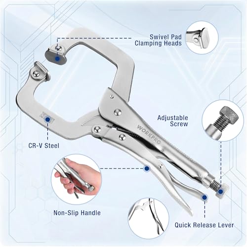 Image of WORKPRO 11 inch Locking C-Clamp with Swivel Pads, Heavy Duty Adjustable Vise Grip Pliers, Welding Clamp for Woodworking, Metalworking, Auto Repair and Home Workshop