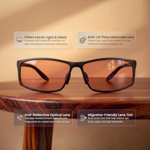 Image of BRADDELL FL-41 Rose Tinted Blue Light Glasses for Migraine Light Sensitivity, Eyestrain and Fluorescent LED Glare (Aluminum Metal)