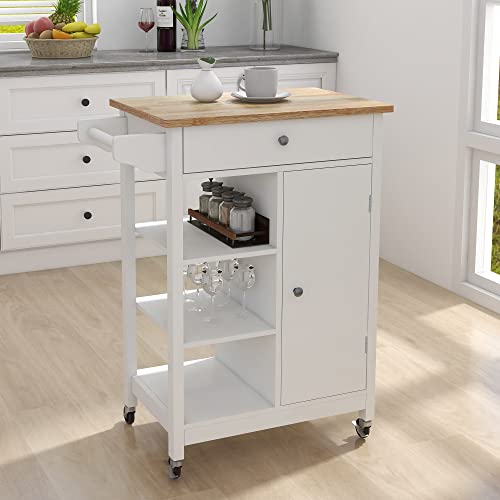 RASOO Kitchen Cart with Storage White Small Narrow Island Cart on Wheels Wood Top Storage Cabinet Serving trolleys with Single Door and One Drawer Solid & 2 Open Shelves