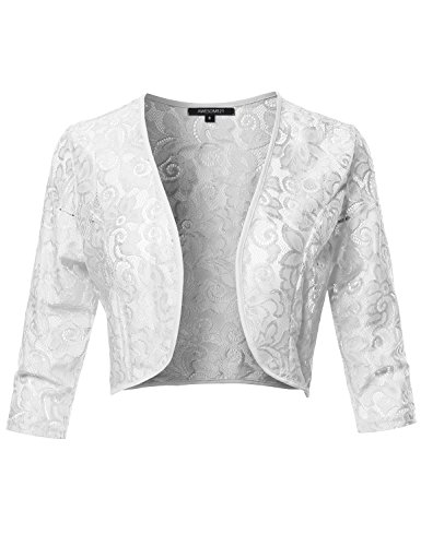 3/4 Sleeve Floral See-Through Lace Shrug Bolero Cardigan Top - Made in USA White S