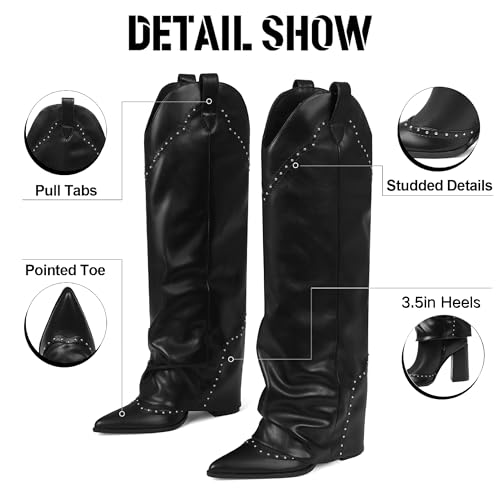 Image of EQAUDES Knee High Boots for Women Tall Cowboy Cowgirl Fold Over Shark Boots