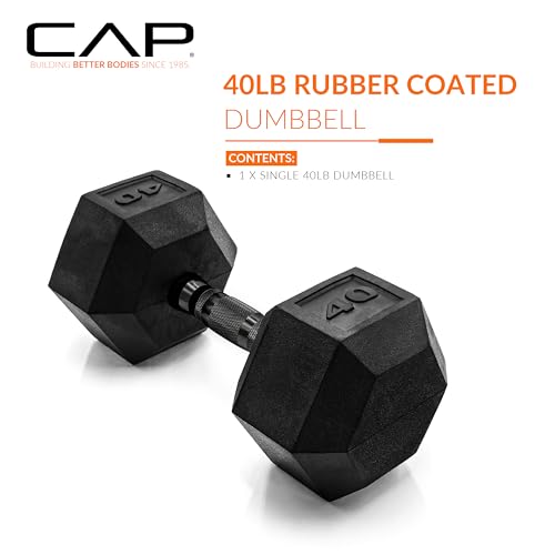 Image of CAP Rubber Coated Dumbbell Weights, Free Weights for Home Gym Strength Training, Anti-Roll Hex Dumbbells with Black, Chrome & Comfort Grip Handles, Singles