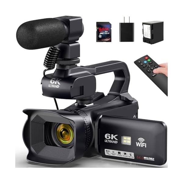 6K 64MP Video Camera Camcorder, 18X Digital Zoom IR Night Vision Vlogging Camera for YouTube, 4.0″ Touch Screen Digital Camera with WiFi, Microphone, 64G SD Card, Remote Control, Charger