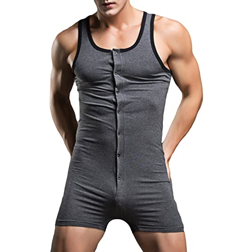 JEShifangjiusu Men'S Henley One Piece Bodysuit Sexy Stretchy Cotton Jumpsuit Pajamas Slim Layers Singlet Leotard Underwear