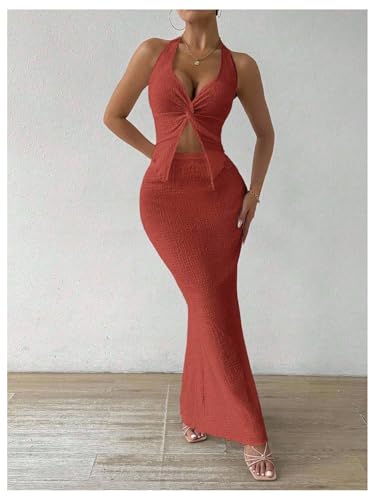 Image of SOLY HUX Women's Two Piece Outfits Twist Front Halter Cami Tops and Skirt Summer Set