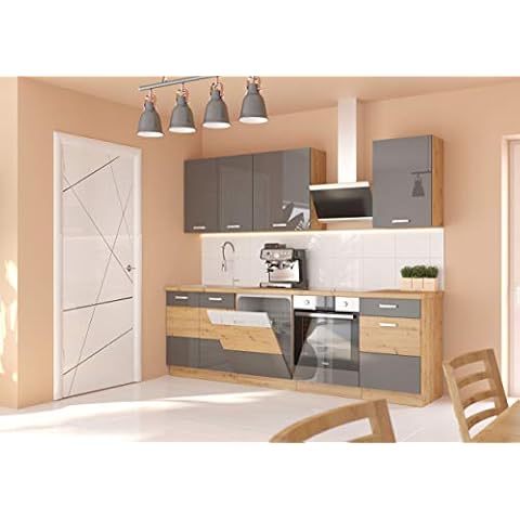 Küche Eiche Artisan Grau 250 cm Küchenzeile Hochglanz Küchenblock Einbauküche Cover