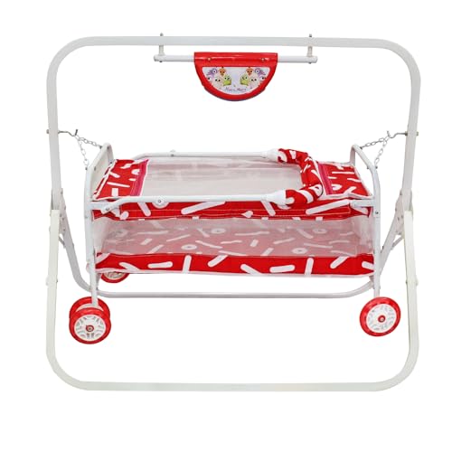 Image of BABYBLESSING Baby Cradle with Swing and Mosquito Net | with 4 Wheels | Foldable & Movable | Sturdy and Safe | Durable | Jhulla | Palna | Easy to use | Red