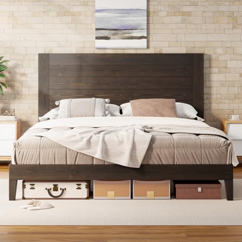 AMERLIFE King Size Solid Wood Bed Frame with 48 Headboard - Mid-Century Modern Design, Noise-Free, No Box Spring Needed, Dark Brown