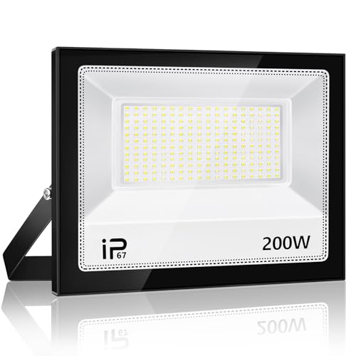 Foco Led Exterior 200W, Iluminación de Exterior Seguridad,7000K Blanco Frío, Proyector LED Exterior,IP67 Impermeable 20000LM, Superbrillante Foco LED，para Patio, Garaje, Entrada, Fábrica,Campo