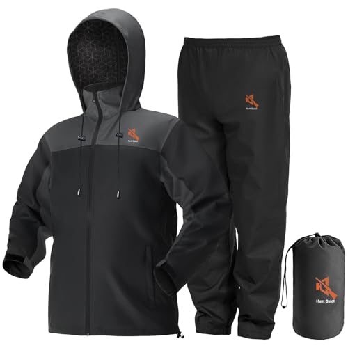 Hun Quiet Rain Suit Waterproof 3000g/(24h) breathability rating Lightweight 2-Piece Rainwear for Men and Women Black Grey XXL(Hunting Fishing Hiking)