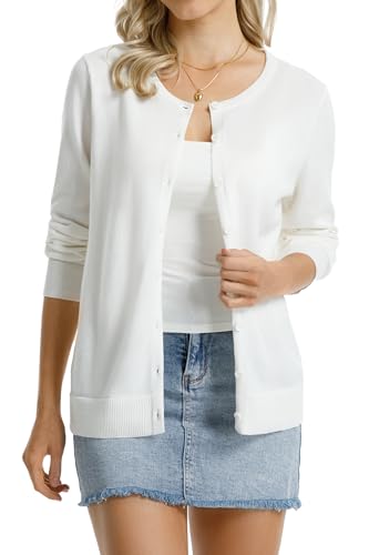 QUALFORT Women's Crewneck Cardigan Sweater 100% Cotton Relaxed Fit Lightweight Button Down Outerwear...