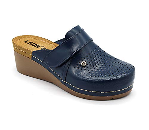 Leon 1004 Sandali Zoccoli Sabot In Pelle Donna – Con Cinturini Velcro, Suola Anatomica Antiscivolo, Tacco 6,5 Cm, Comodi Per Casa, Lavoro, Esterni
