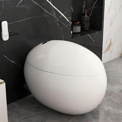 KunMai Egg-Shaped Smart Toilet, One-Piece Modern White Freestanding Toilet with Heated Seat, Soft Close, Adjustable Drying, and Remote Control for Bathrooms
